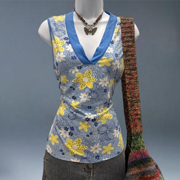 y2k floral sleeveless baby tee blue yellow daisy print tank top - Picture 1 of 7
